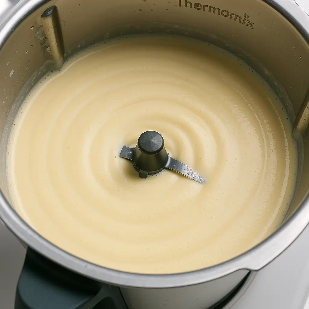 Pâte à crêpe lisse et homogène dans un bol de Thermomix.