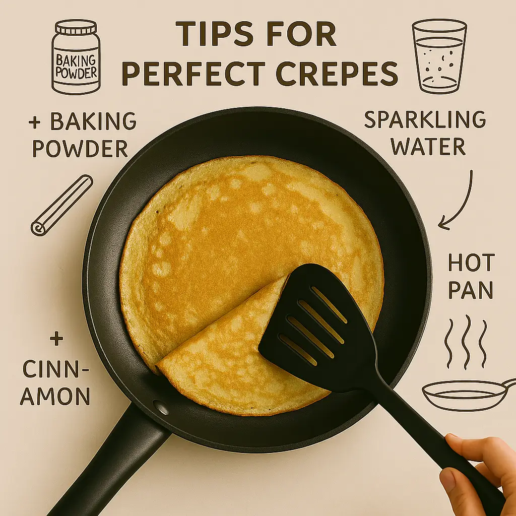 Crêpe dorée dans une poêle antiadhésive, retournée avec une spatule, accompagnée de conseils visuels sur les ingrédients et techniques.