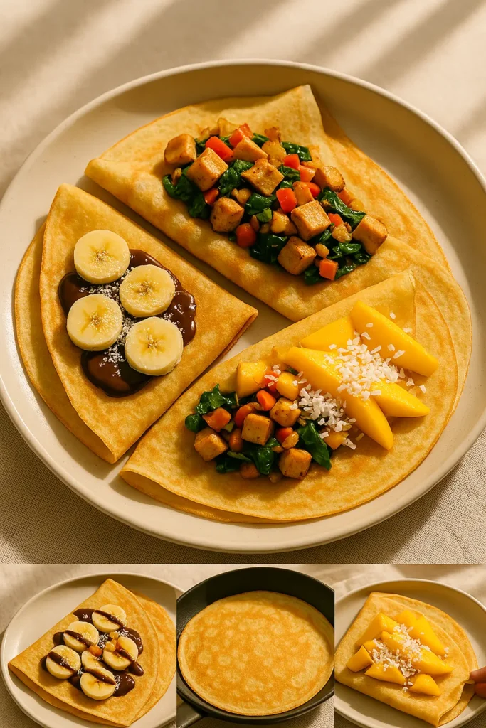 Assiette de crêpes garnies : une sucrée (banane-chocolat), une salée (tofu-légumes), une originale (mangue-coco), présentées en diagonale sous une lumière naturelle.