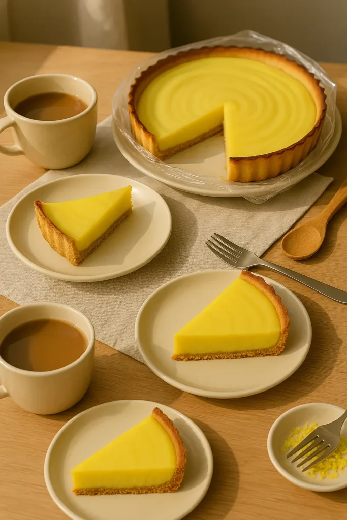 Tarte entamée et servie avec thé ou café