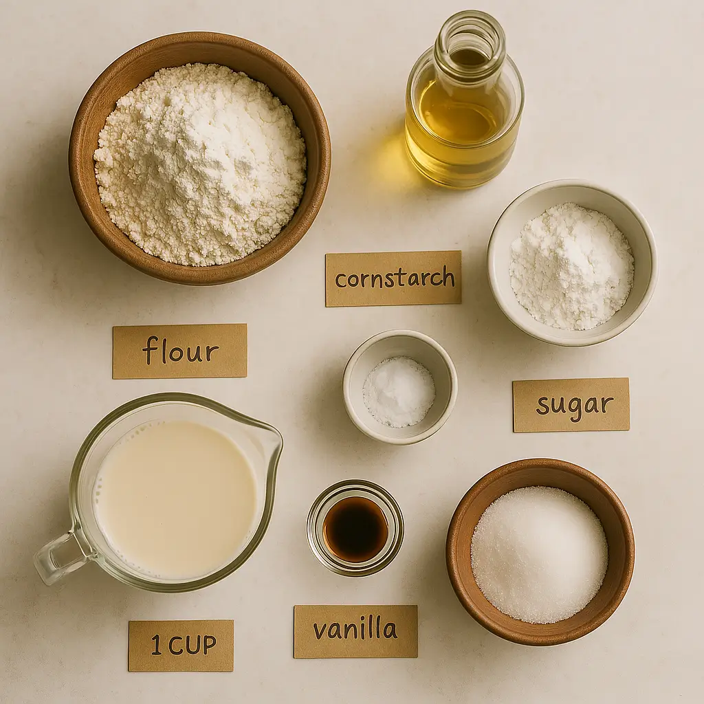 Vue de dessus d’un plan de travail avec les ingrédients pour une pâte à crêpe : farine, fécule, lait végétal, huile, sucre et vanille, disposés dans des bols avec étiquettes manuscrites.

