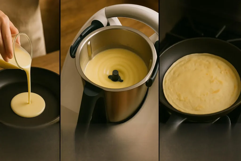 Une série d’images montrant la progression de la préparation des crêpes : verser les ingrédients, mixer avec le Thermomix, puis cuire la pâte dans une poêle.