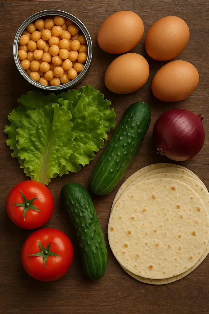 Une vue à plat d’un plan de travail mettant en scène une boîte de pois chiches, des œufs, des légumes frais et des tortillas soigneusement disposés.