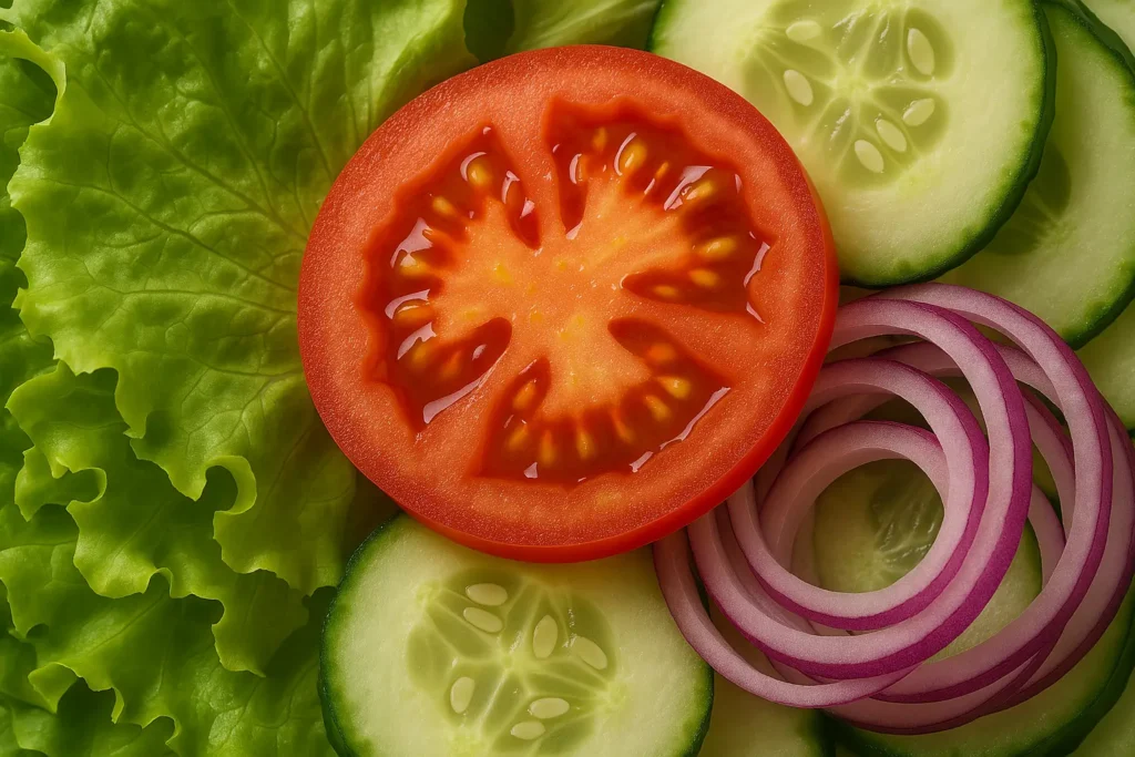 Un assortiment d’ingrédients frais comprenant de la laitue verte, des tranches de tomate juteuses, des rondelles de concombre croquantes et des lamelles d’oignon rouge légèrement translucides.