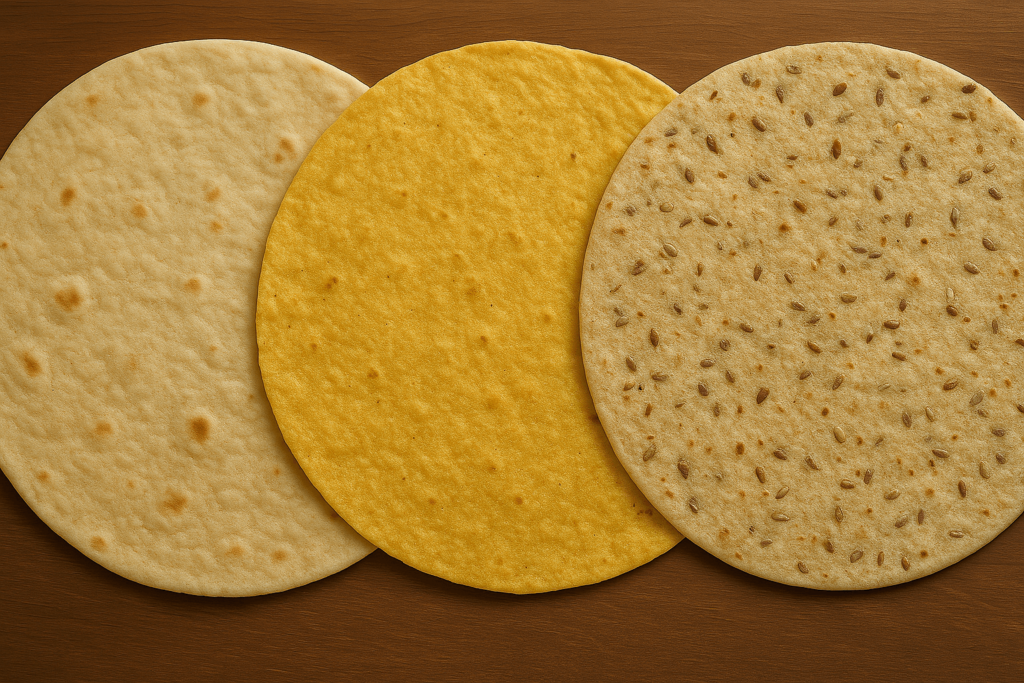 Trois tortillas disposées côte à côte : l’une au blé, l’une au maïs et l’une aux graines, sous une lumière douce qui met en valeur leurs textures distinctes.