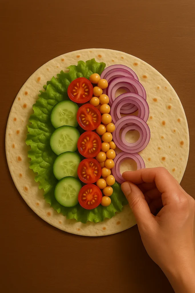 Un wrap en cours de montage, avec les ingrédients soigneusement alignés au centre de la tortilla.