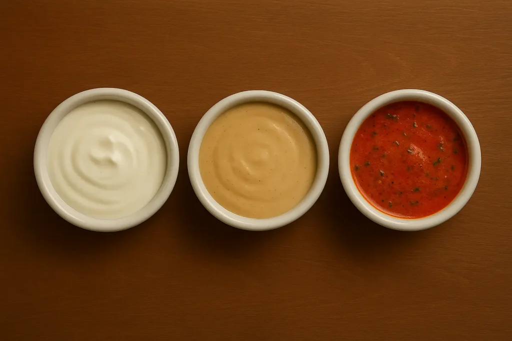 Trois petits ramequins avec des sauces variées : une blanche au yaourt, une beige au tahini et une colorée au paprika ou aux herbes.