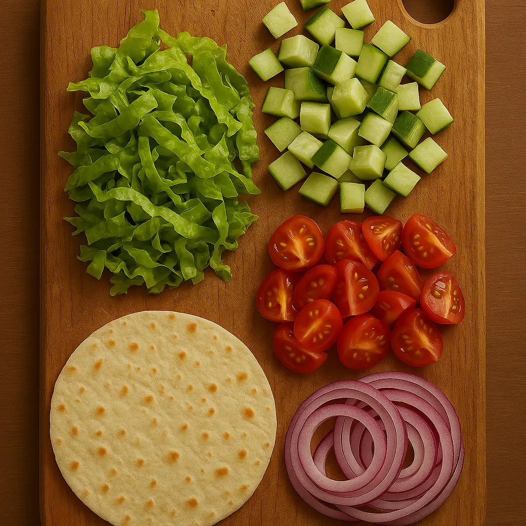 Une planche à découper avec des légumes préparés : laitue émincée, concombre en dés, tomates cerises coupées et oignon rouge finement tranché.