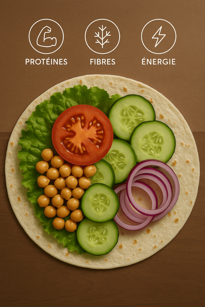 Un wrap ouvert présenté sur un plan de travail, accompagné d'une infographie légère illustrant les apports en protéines, fibres et énergie.