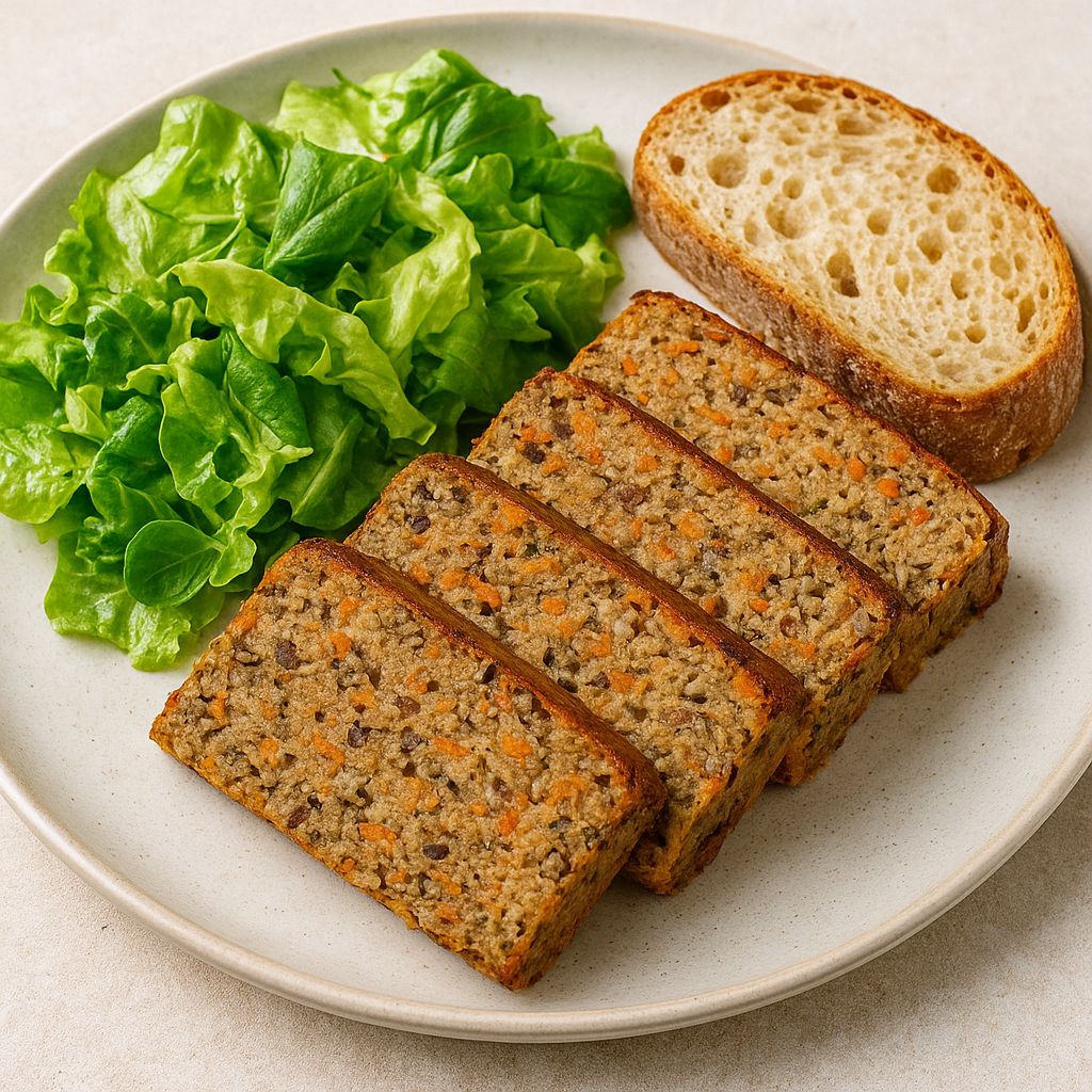 Assiette de terrine de lentilles tranchée avec salade verte croquante et pain rustique.