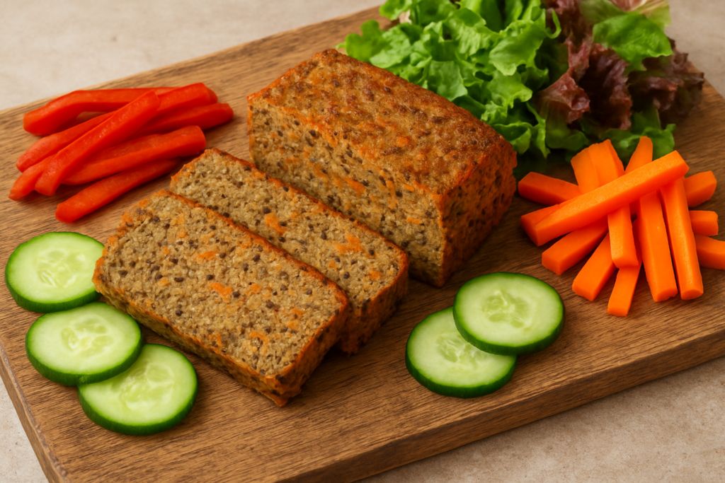 Tranches de terrine de lentilles disposées sur une planche en bois avec crudités colorées.