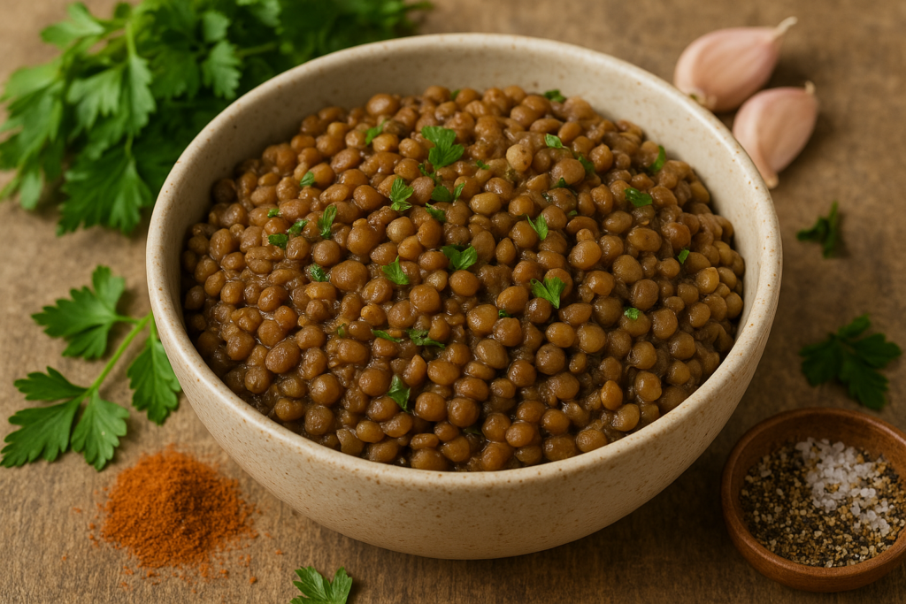 Bol de lentilles cuites assaisonnées avec persil frais, ail et épices autour.