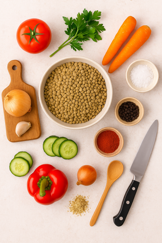 Ingrédients crus pour terrine de lentilles présentés en flat lay : lentilles, légumes, épices et ustensiles.