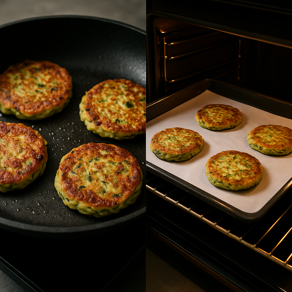 Comparaison entre des galettes de courgettes dorées à la poêle et des galettes cuites au four sur papier cuisson.