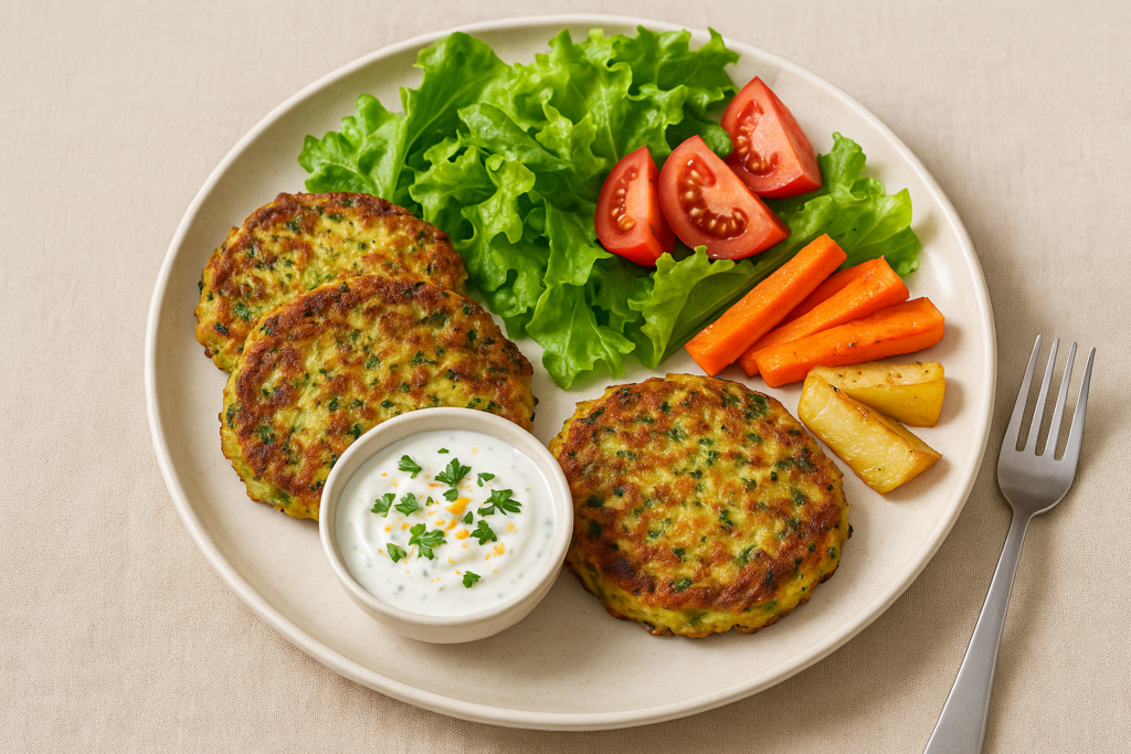 Assiette contenant trois galettes de courgettes, une salade verte, des légumes rôtis et une sauce au yaourt citronnée.