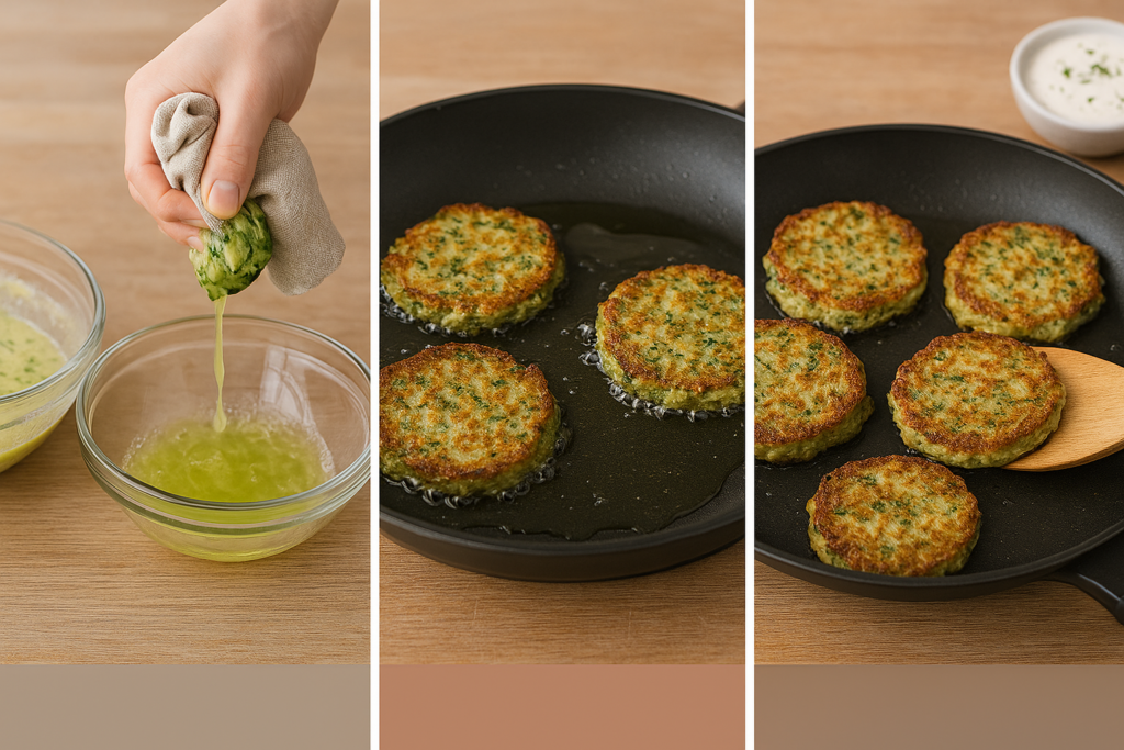 Trois étapes de préparation de galettes de courgettes : essorage des courgettes râpées, cuisson à la poêle, galettes dorées prêtes à servir.
