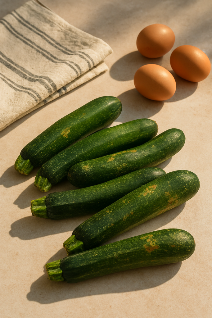 Courgettes légèrement abîmées reposant sur un plan de travail avec un torchon et quelques œufs, éclairées par une lumière naturelle.