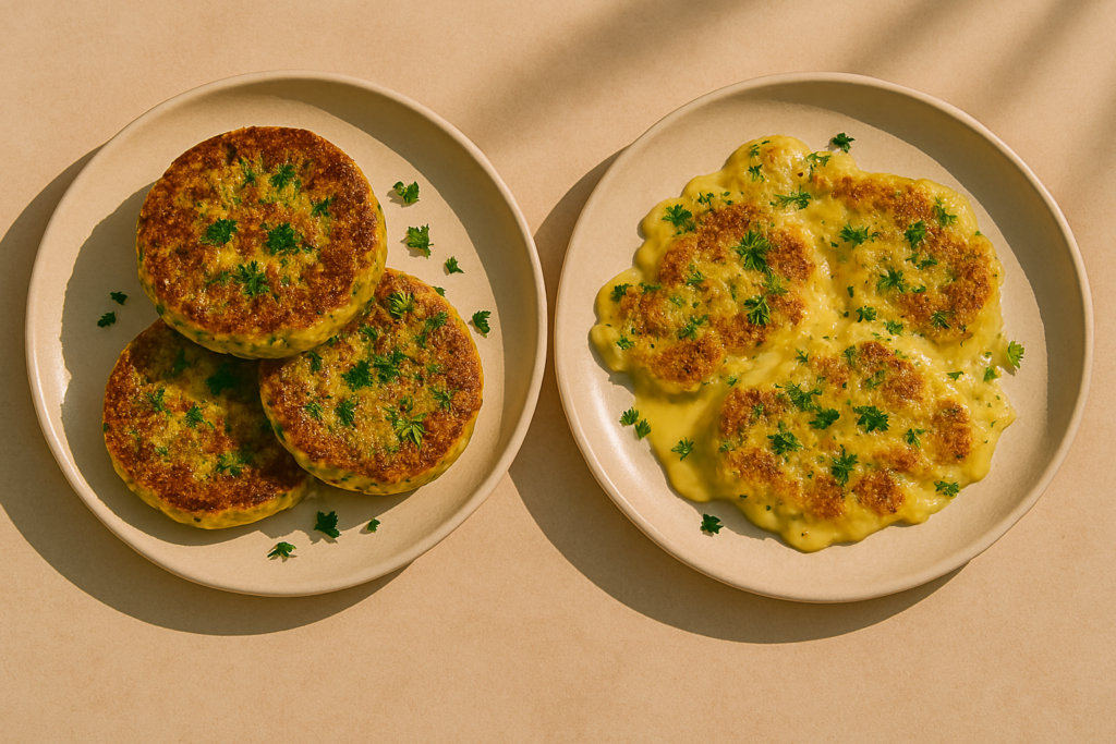 Deux belles galettes dorées et bien rondes, empilées sur une assiette blanche, garnies de fromage fondant qui dégouline et de fines herbes hachées, avec un fond flou d’épices.