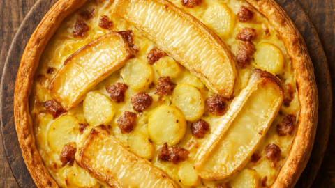 Quiche façon tartiflette entière dorée, reblochon fondu et pommes de terre, vue de dessus sur planche en bois.