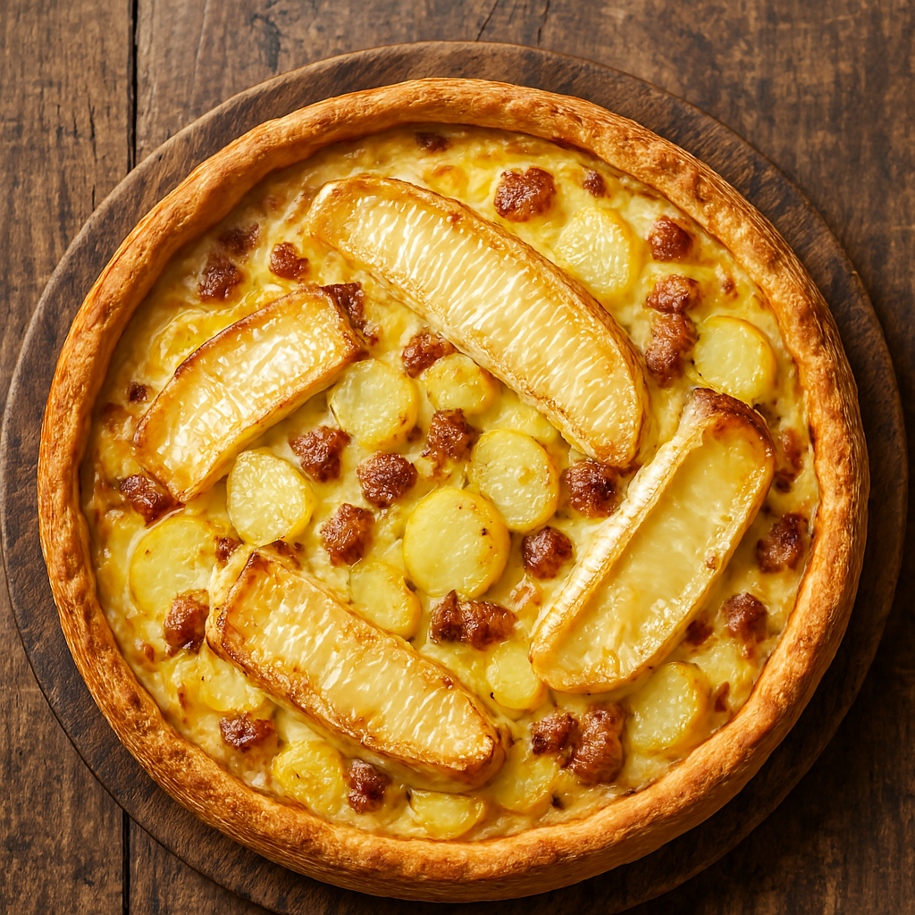 Quiche façon tartiflette entière dorée, reblochon fondu et pommes de terre, vue de dessus sur planche en bois.