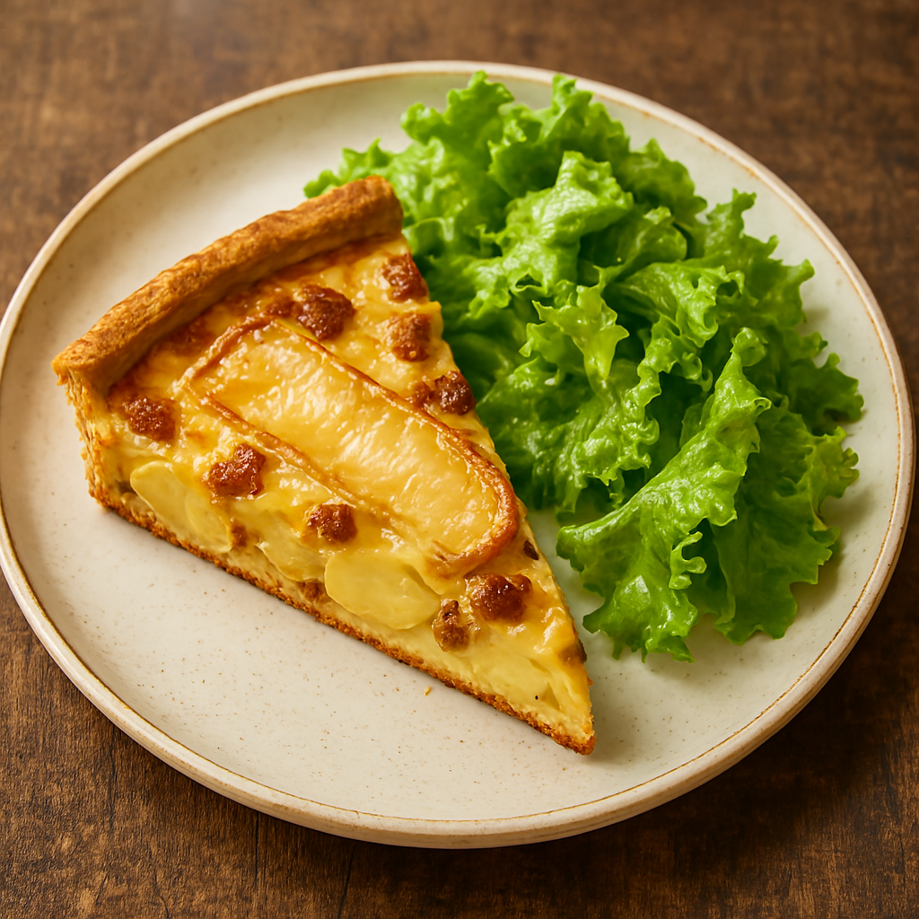 Part de quiche façon tartiflette accompagnée de salade verte croquante