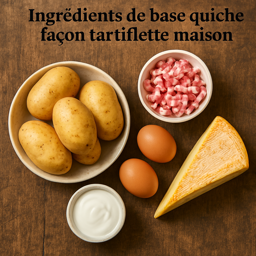 Ingrédients principaux pour quiche façon tartiflette — pommes de terre, reblochon, lardons, œufs et crème sur fond rustique