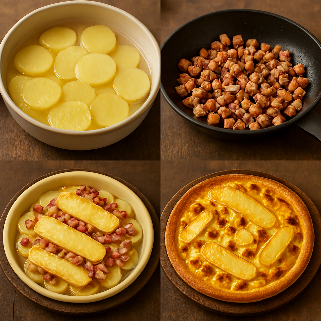 Étapes de préparation d’une quiche façon tartiflette — cuisson des pommes de terre, lardons, assemblage, puis enfournage