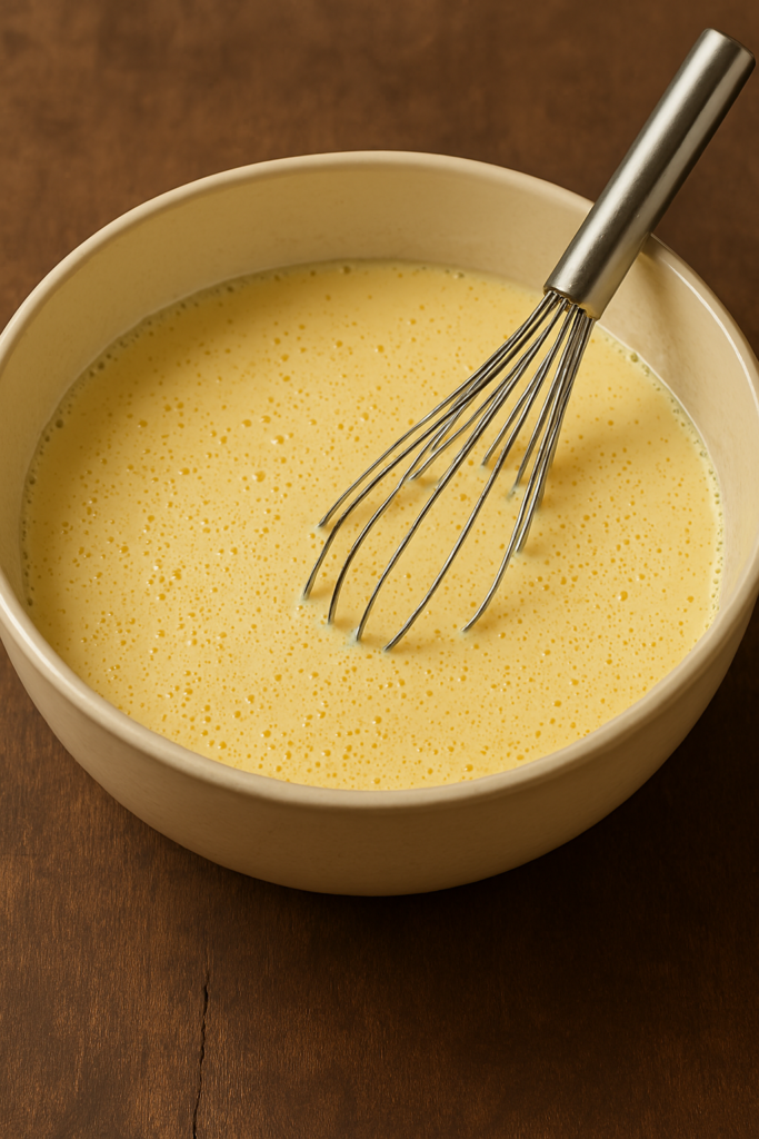 Appareil à quiche crémeux pour recette tartiflette, œufs et crème fraîche dans un saladier avec fouet