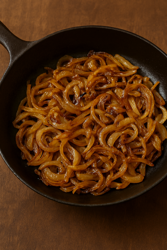 Oignons caramélisés pour garniture de quiche tartiflette, dorés dans une poêle en fonte noire