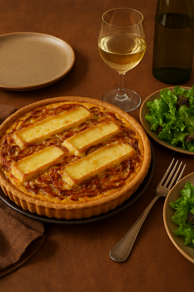 Quiche tartiflette servie avec salade verte et verre de vin blanc sur une table en bois, ambiance hivernale