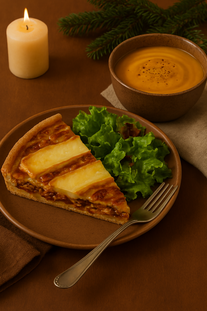 Quiche tartiflette accompagnée de soupe chaude de potimarron servie dans un bol rustique