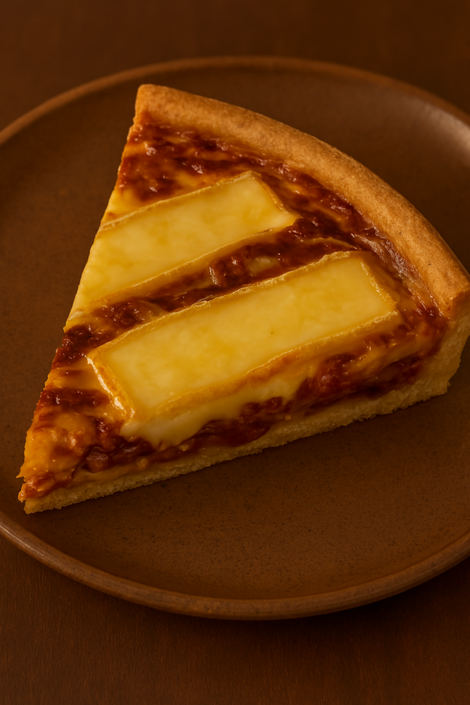 Part fondante de quiche tartiflette servie sur une assiette en grès rustique, éclairée par une lumière chaude