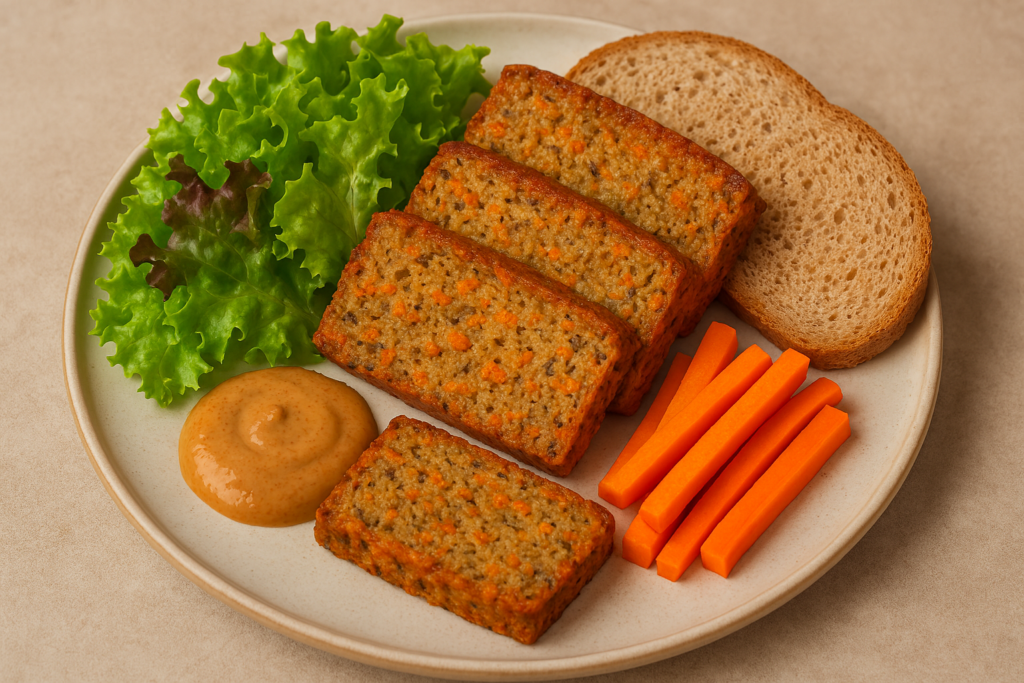 Assiette gourmande composée de tranches de terrine dorée, salade verte et rouge, sauce onctueuse, bâtonnets de carottes et tranches de pain complet, dressée sur une assiette en céramique claire.