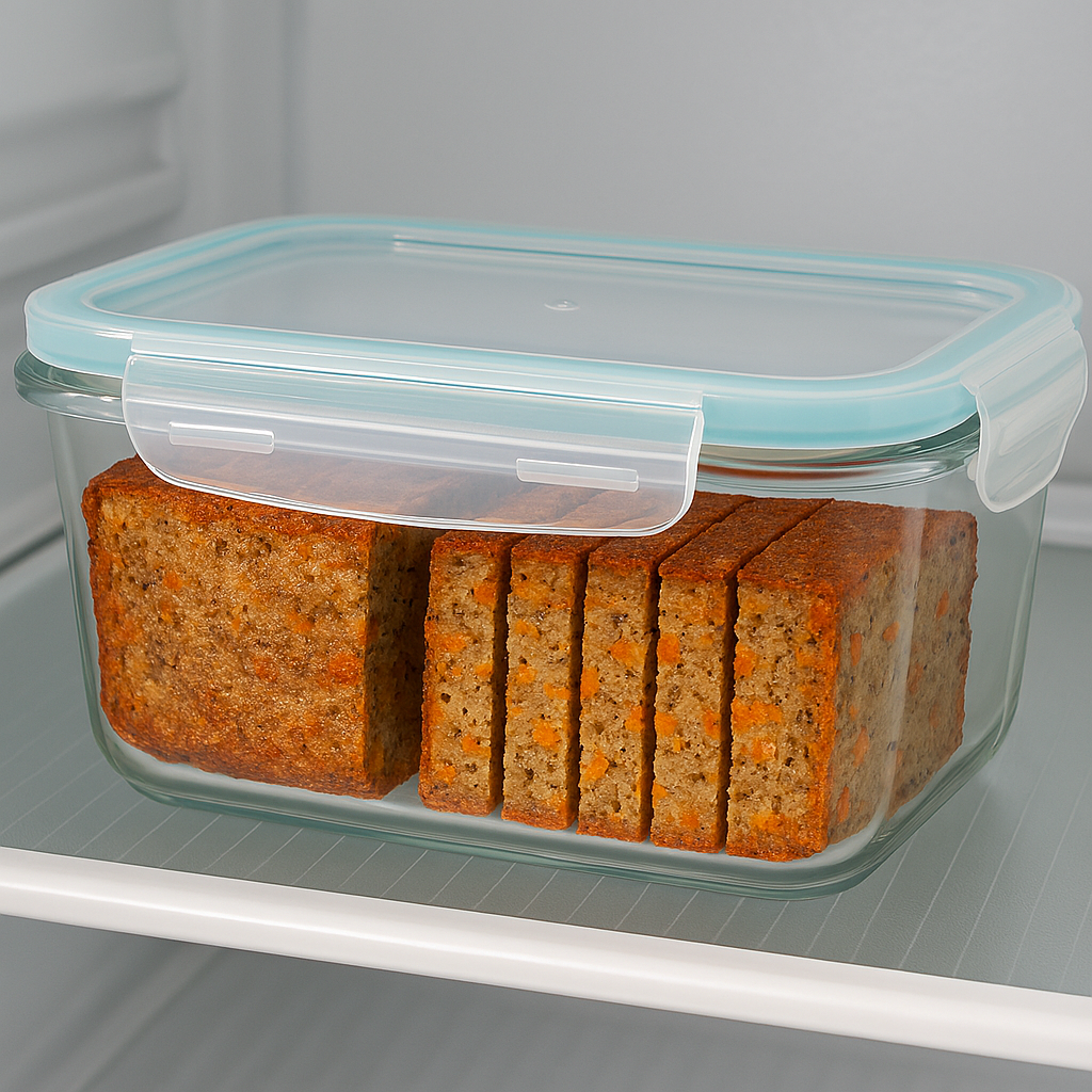 Terrine découpée en tranches, disposée dans un récipient hermétique en verre avec couvercle à joint bleu, posée sur l’étagère d’un réfrigérateur.