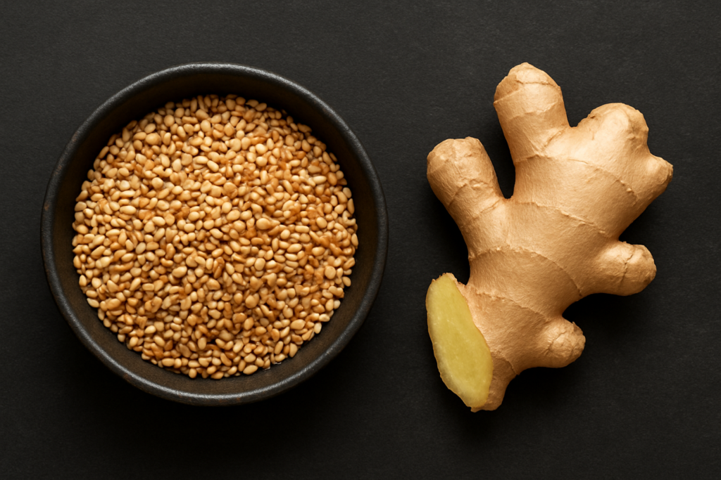 Graines de sésame grillées et racine de gingembre frais disposées en flat lay sur fond sombre.