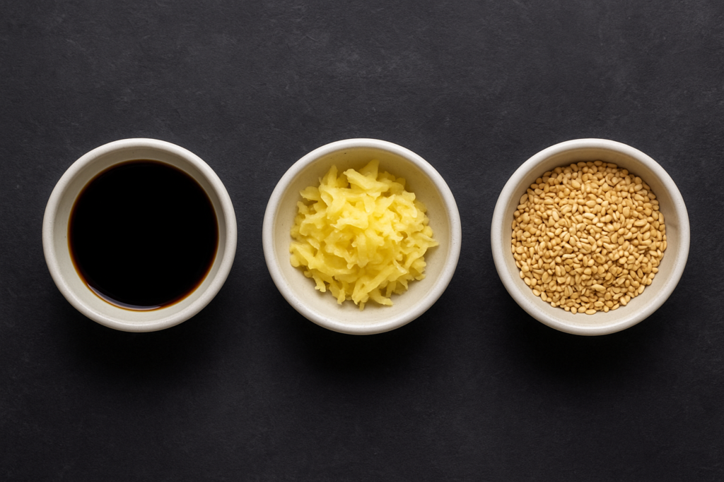 Trois petits bols alignés contenant sauce soja, gingembre râpé et graines de sésame dorées.