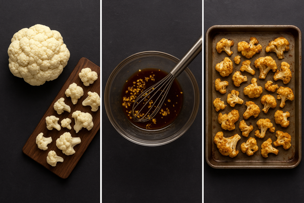 Séquence en trois étapes montrant la découpe du chou-fleur, la préparation de la marinade et l’enfournage des fleurettes.