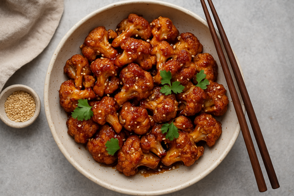 Bol de chou-fleur caramélisé garni de graines de sésame et coriandre, accompagné de baguettes asiatiques