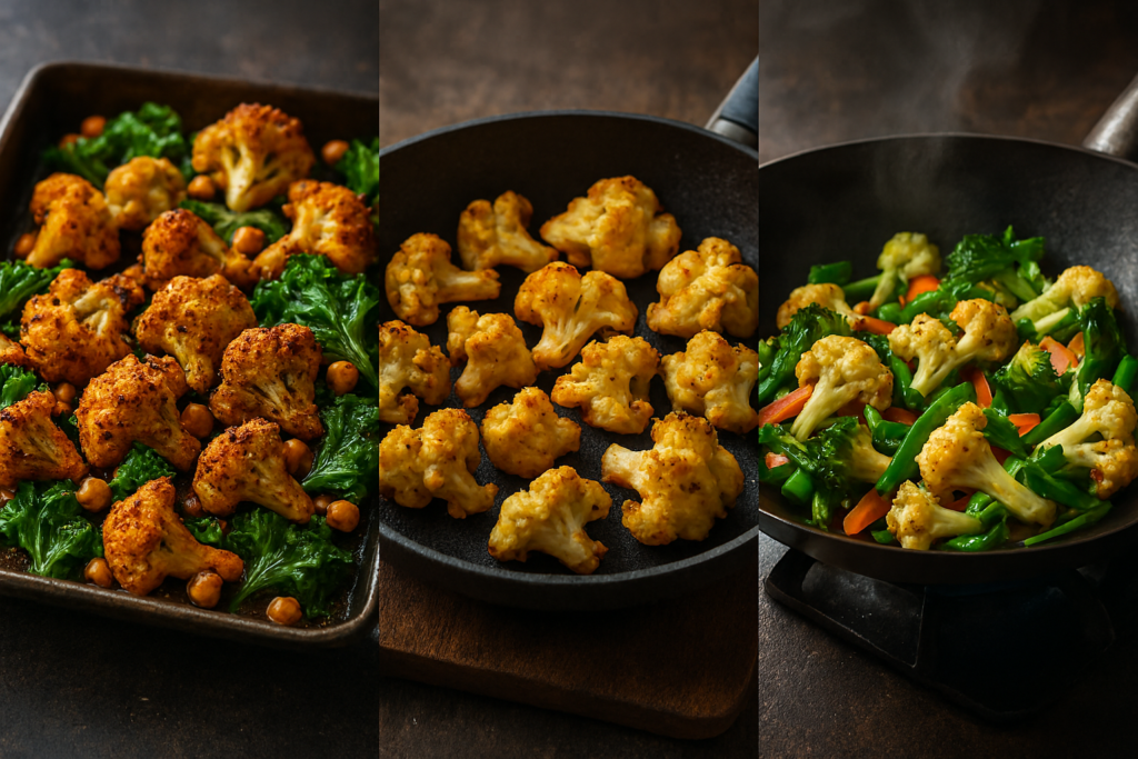 Montage de trois photos culinaires : chou-fleur rôti au four avec épices et légumes verts, chou-fleur doré à la poêle, et feuilles de chou-fleur sautées dans un wok fumant avec légumes croquants.

