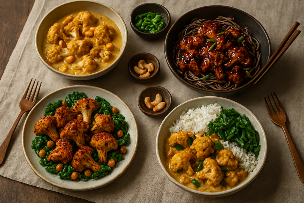 Table en bois recouverte d’une nappe en lin beige, avec quatre plats de chou-fleur : rôti aux épices, curry aux noix de cajou, sauté avec nouilles soba, et servi avec riz basmati et épinards. Vaisselle en céramique et couverts en bois.

