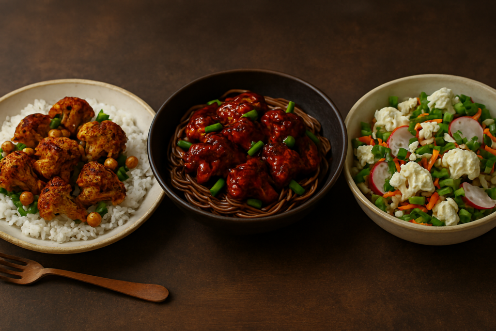 Trois assiettes sur une table en bois : chou-fleur rôti sur riz basmati, chou-fleur sauté dans un bol de nouilles soba, et salade fraîche avec chou-fleur cru, radis, carottes et herbes.

