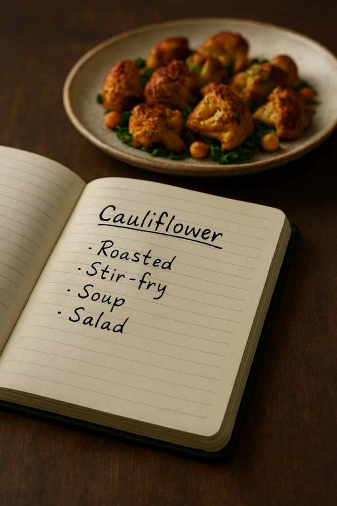 Carnet de cuisine ouvert avec une liste manuscrite de recettes à base de chou-fleur, posé sur une table en bois. En arrière-plan, une assiette de chou-fleur rôti légèrement floutée.

